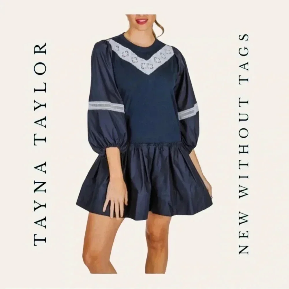 159. TANYA TAYLOR KIRSTIE PUFF SLEEVE MIDI DRESS SIZE XSMALL NAVY‎ BLUE/WHITE